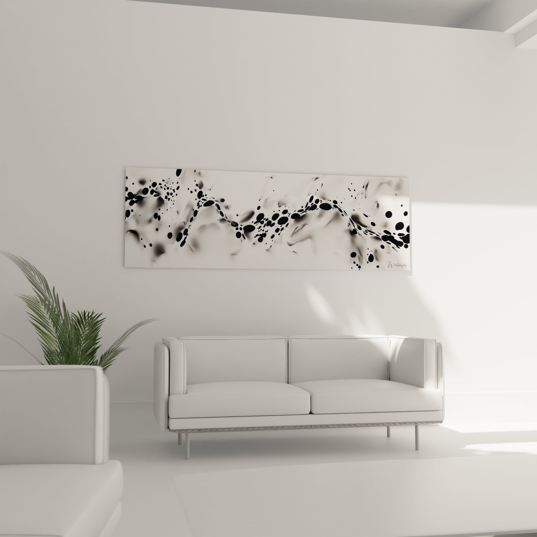 Tableau tacheté noir et blanc Walensky suspendu au-dessus d'un canapé moderne dans un intérieur lumineux