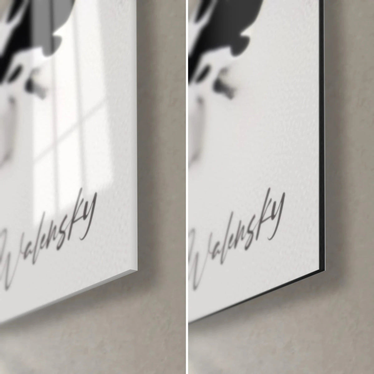Schilderij zwarte stippen op witte achtergrond, rechtsonder gesigneerd Walensky, glanzend glas met reflecties links, mat Dibond en zwarte rand rechts