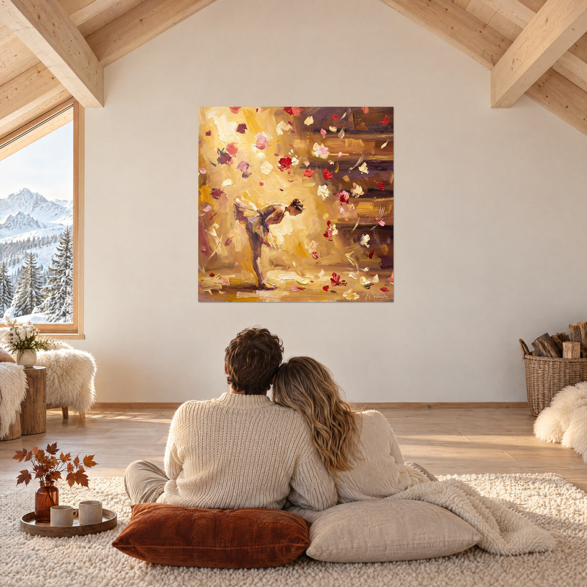 Quadro ballerina che saluta sotto petali scarlatti e crema, pennellate spesse d'oro e melanzana, soggiorno sotto un soffitto a travi da chalet