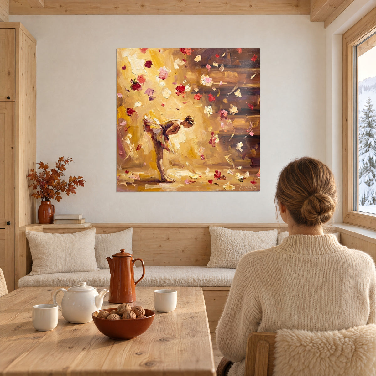 Quadro giovane ballerina inclinata, chignon castano, acquazzone di petali vermiglio e rosa pallido su fondo oro, sala da pranzo di chalet