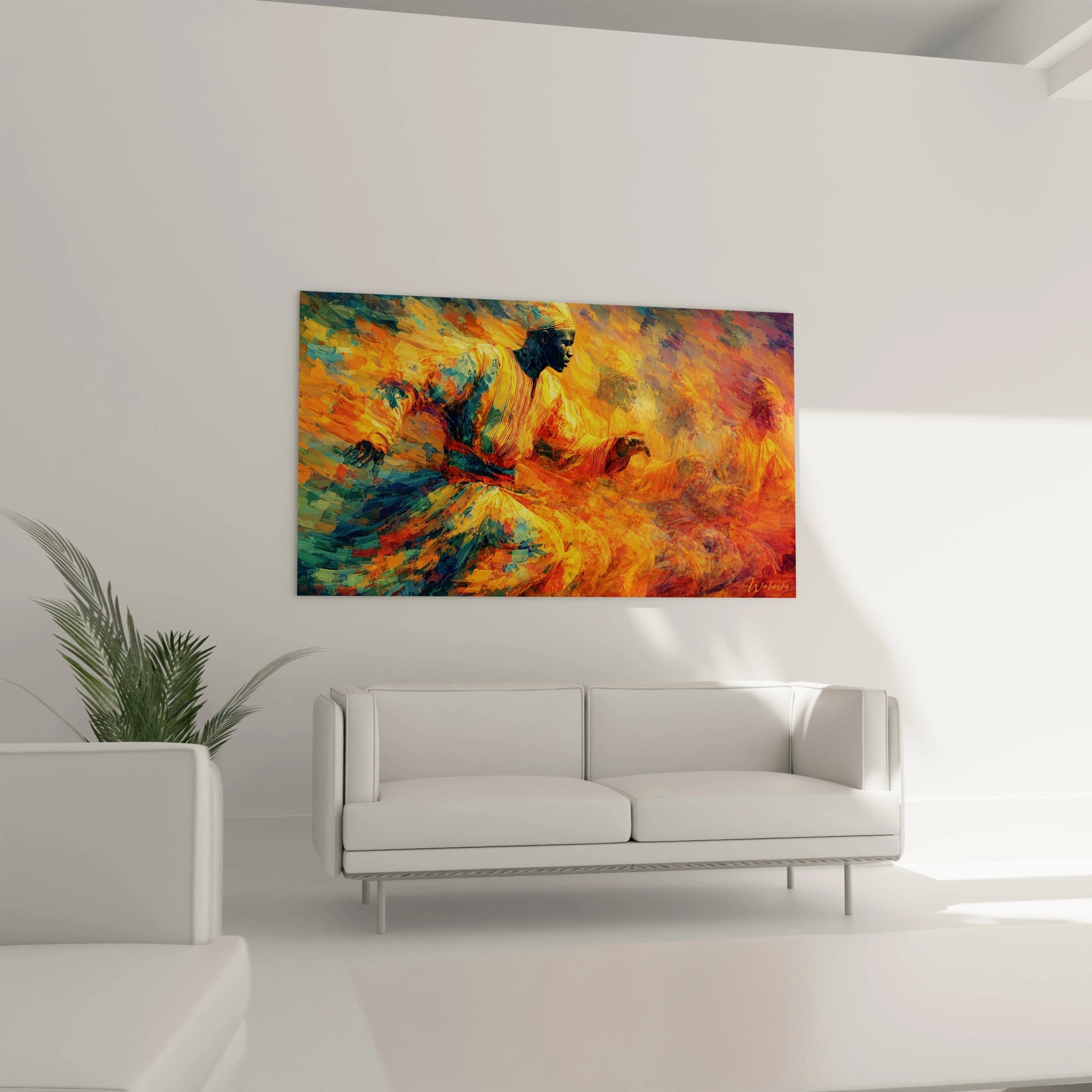 Tableau mural danse africaine contemporain avec des couleurs vives dans un salon moderne