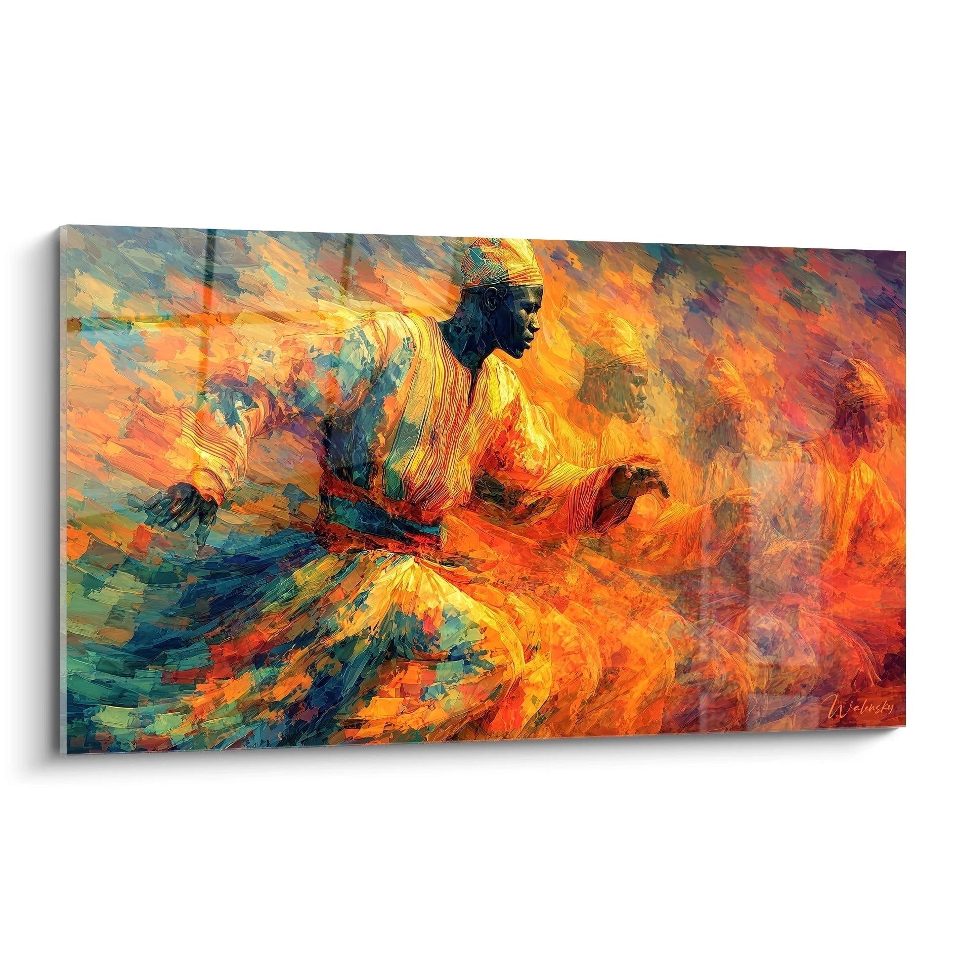 Tableau mural de danse africaine contemporain par Walensky, avec des couleurs vives et des mouvements dynamiques