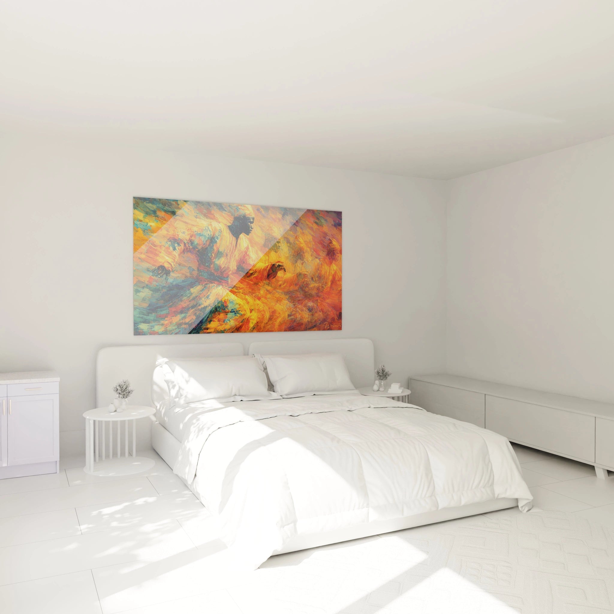 Tableau mural danse africaine contemporain de Walensky avec des couleurs vives dans une chambre moderne