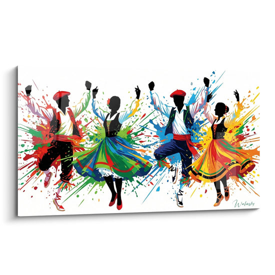 Schilderij Traditionele Dansers met Zwarte Silhouetten en Levendige Kleuruitbarstingen - Explosief Feest - Editie Baskenland