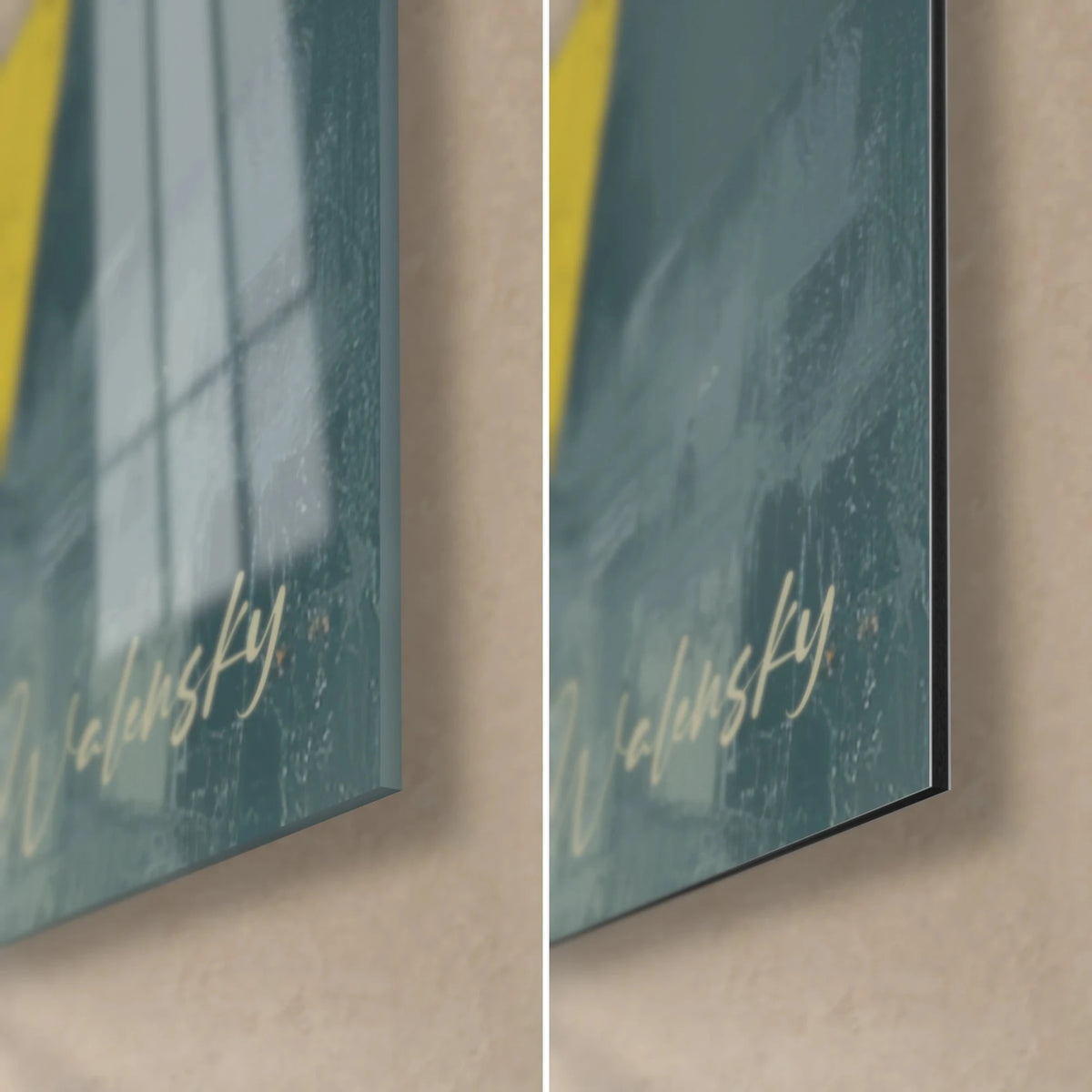Schilderij kubistische dansers met rode rokken, rechtsonder in glanzend acrylglas en mat Dibond-aluminium, rand van 3 mm zichtbaar