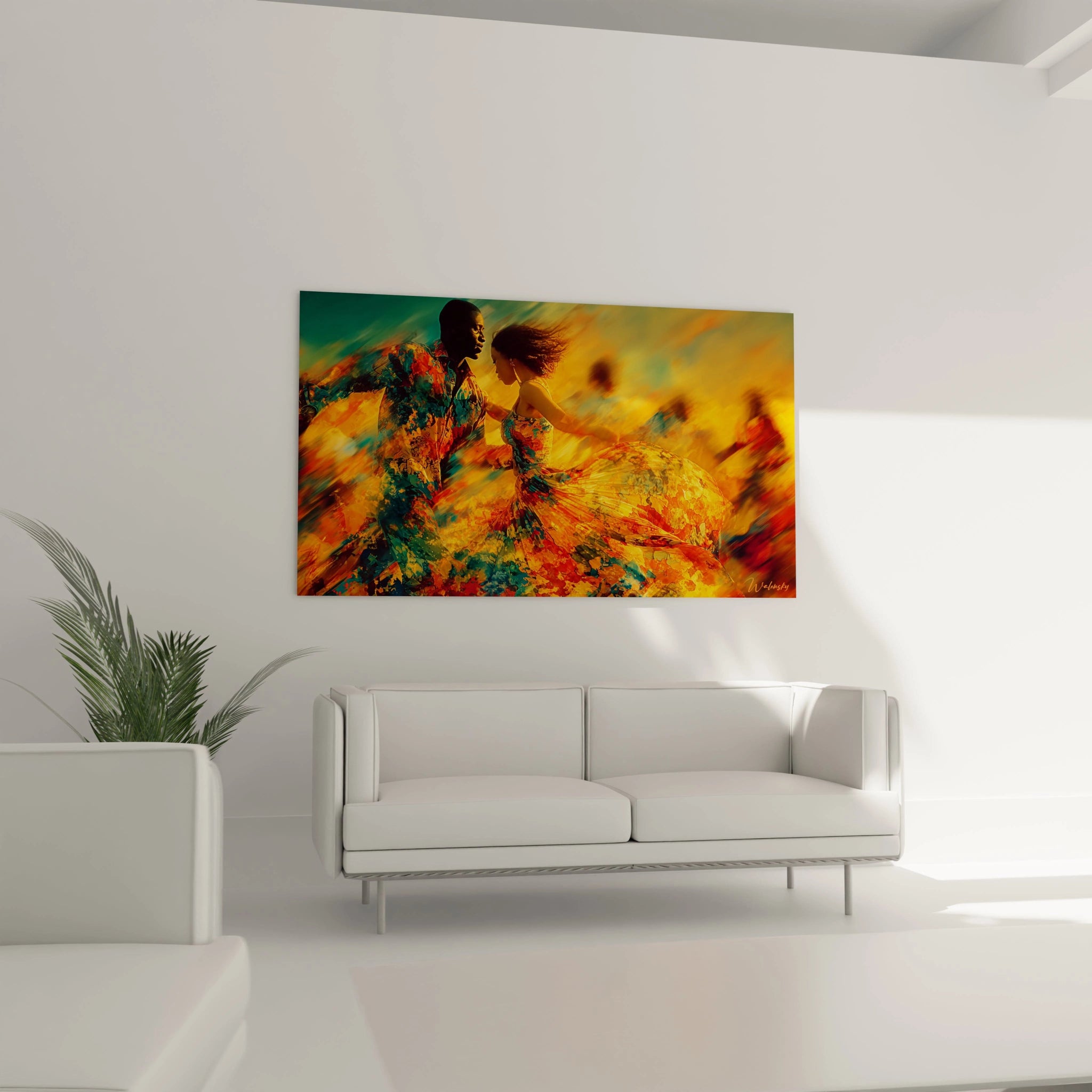 Tableau danse africaine en couleurs vibrantes, parfait pour décorer un salon moderne.