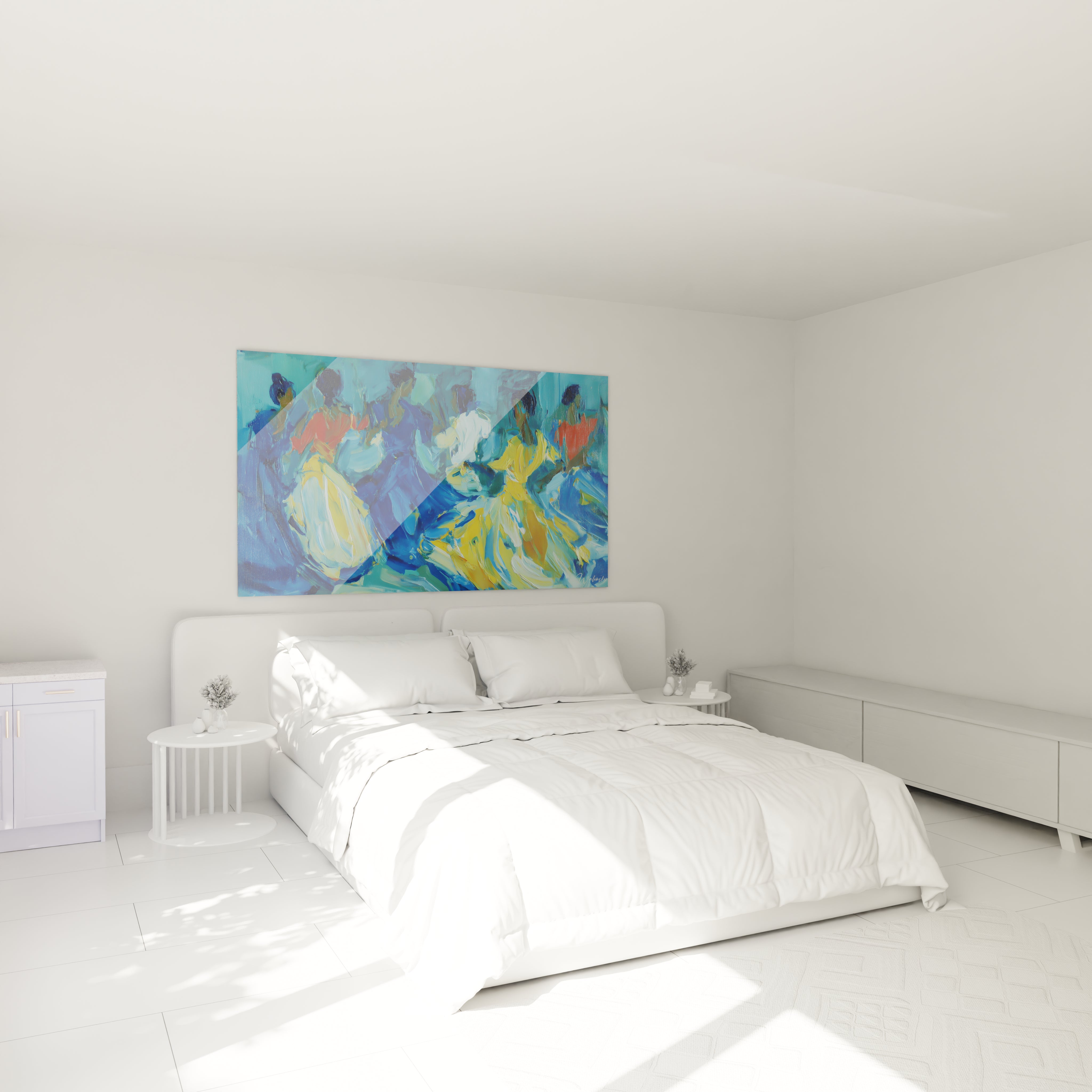 Tableau danseurs sabar sénégalais en couleur vive, décorant un mur dans une chambre moderne
