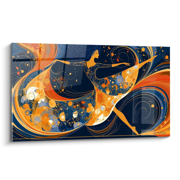Painting Ballerina Navy Blue and Orange Dress Constellated with Bubbles - Golden Spiral Volutes - Ballerina Abstract Edition