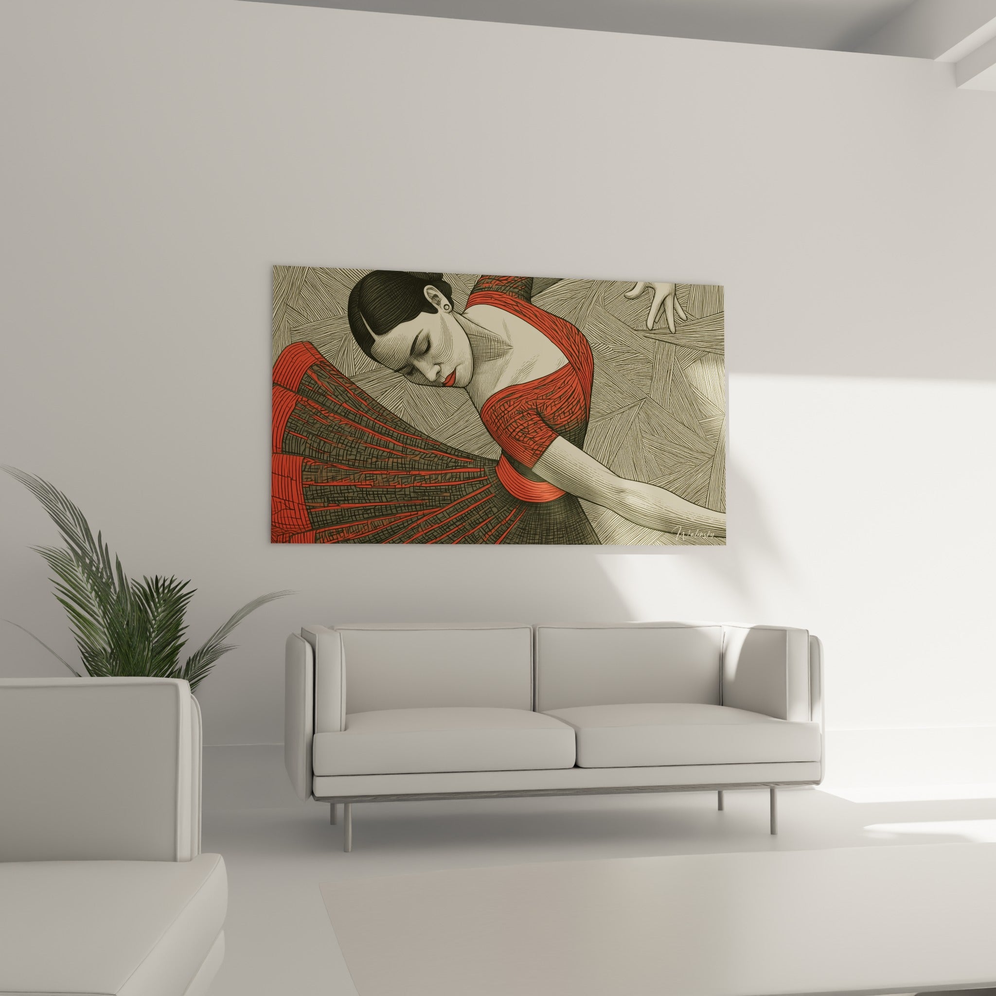 Figure de danseuse abstrait au bras tendu en rouge et anthracite au-dessus d'un canapé dans un salon lumineux