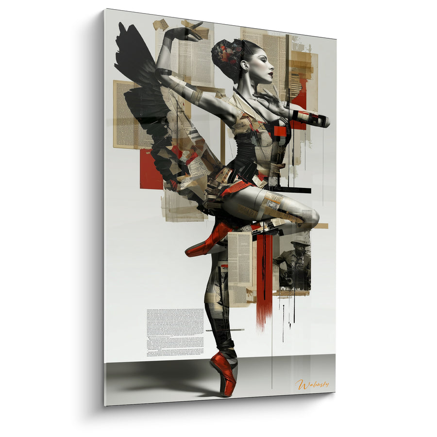 Tableau Danseuse aile noire et rouge aux pointes rouges - Collage de journaux - Edition Danseuse abstrait