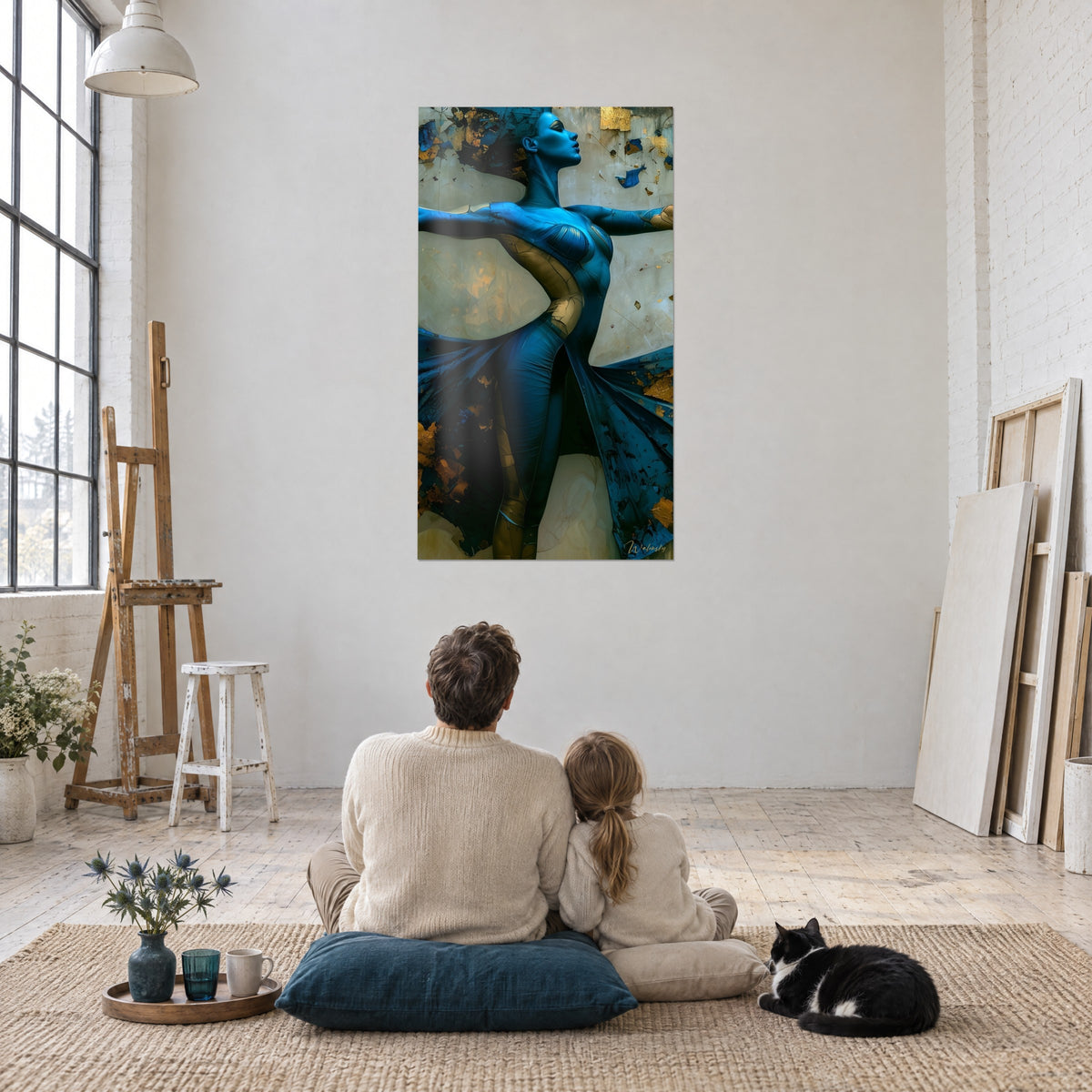 Wall art winged dancer in electric blue and gold, cracked drapery, in front of a parent, their child and a tuxedo cat in a studio