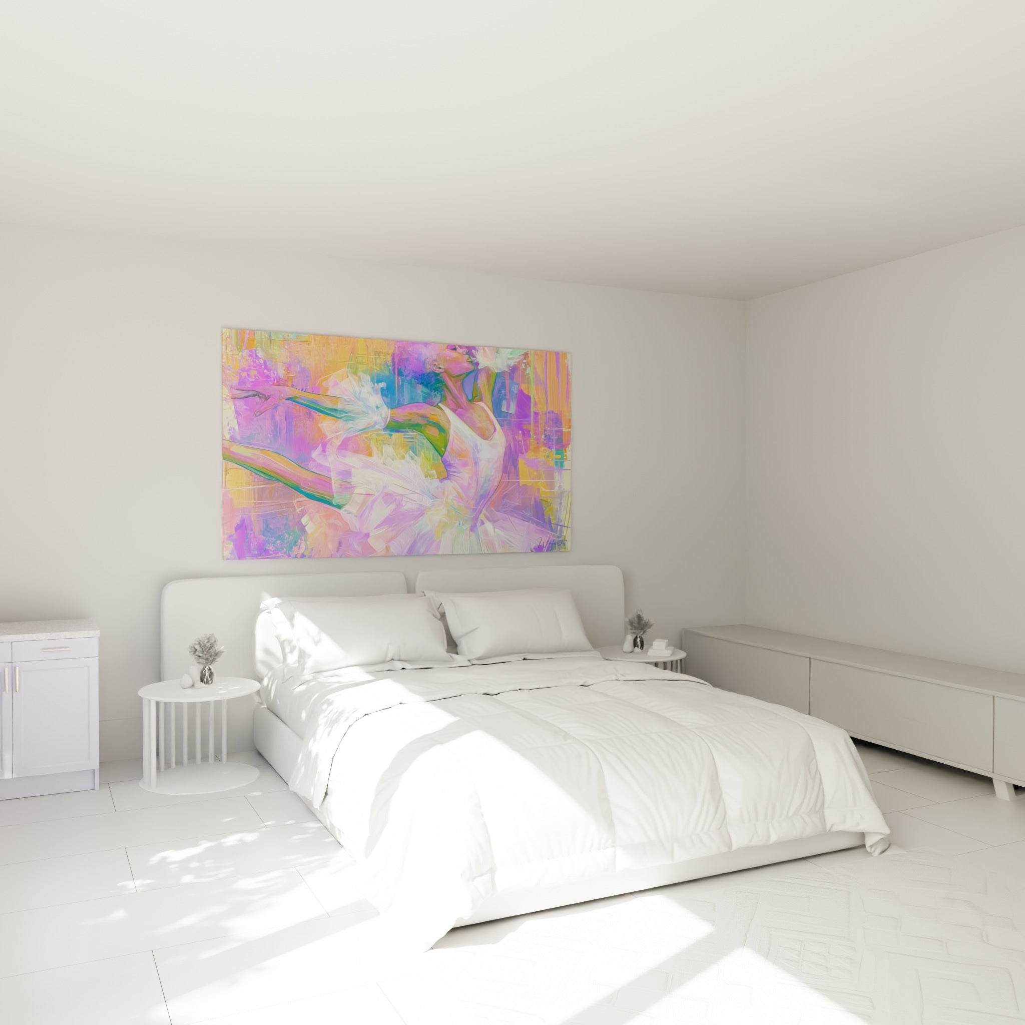 Ballerine en plein envol aux tons violet et corail, danseuse abstrait au-dessus d'un lit dans une chambre claire