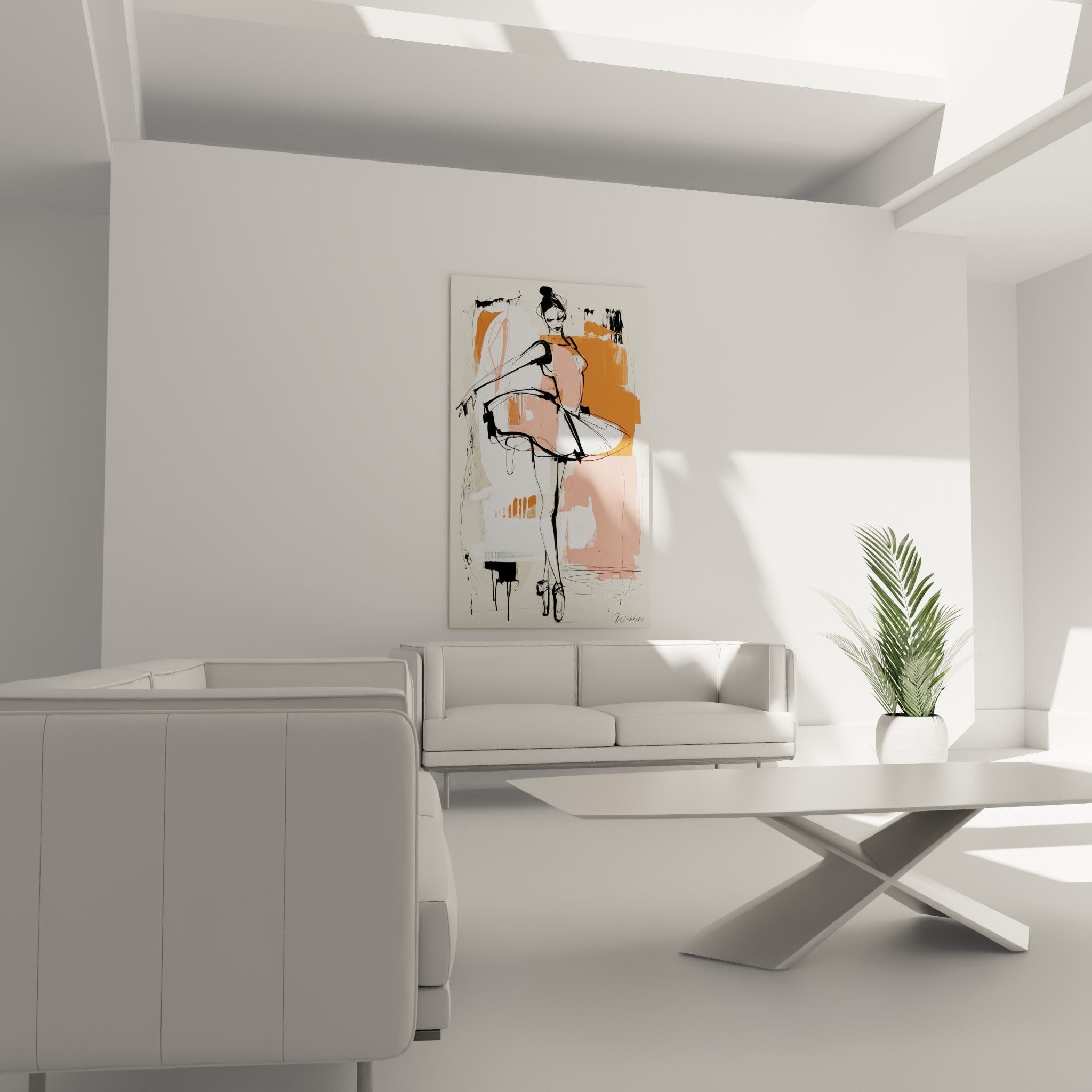 Ballerine en pointe dessinée sur fond orange et crème, tableau Danseuse abstrait au-dessus d'un canapé dans un salon lumineux