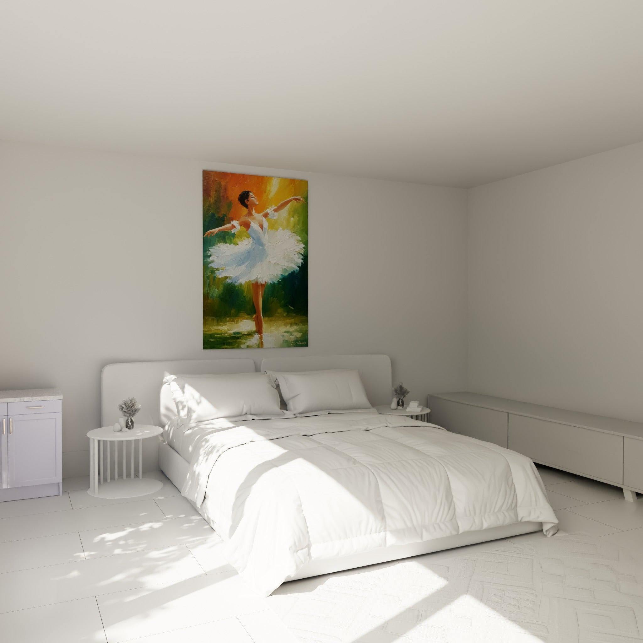 Ballerine en équilibre sur pointes, tutu blanc et fond orangé, au-dessus d'un lit dans une chambre claire