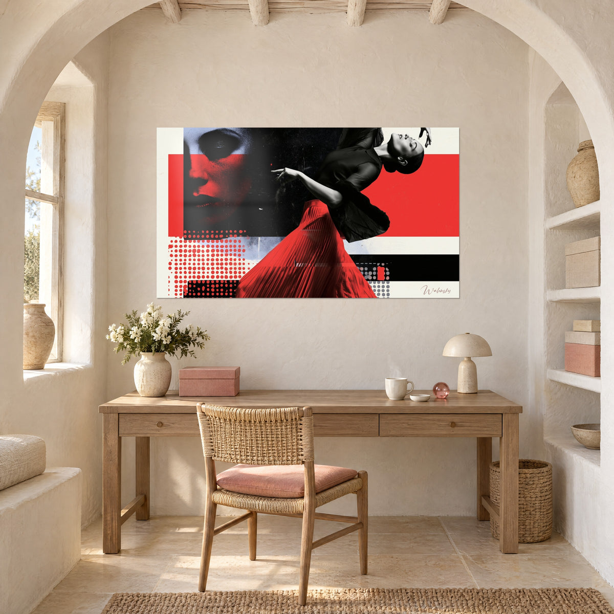 Wall art graphic composition of a dancer, red, black and cream stripes, large format above a light wood desk