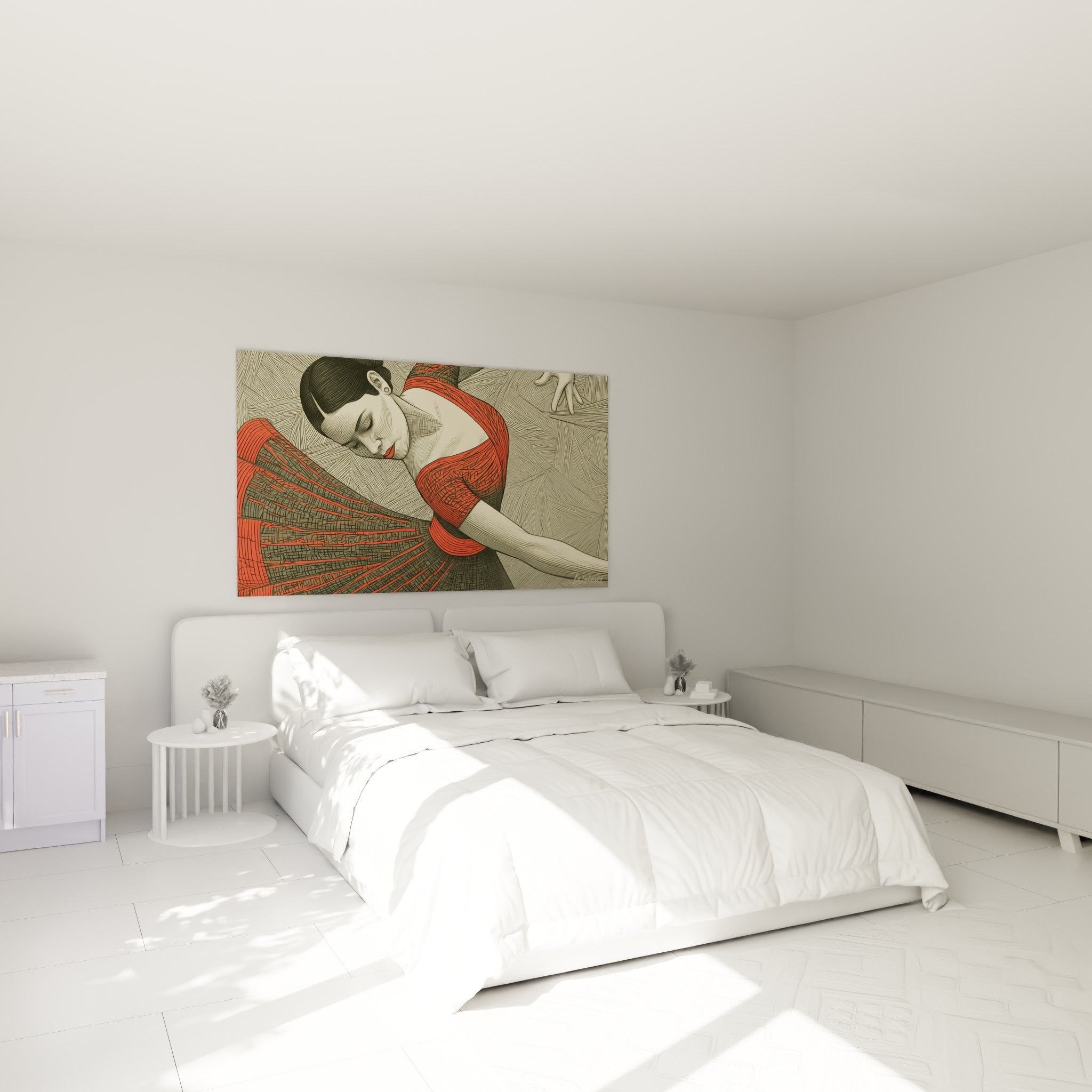 Silhouette de danseuse abstrait en rouge et beige au-dessus d'un lit dans une chambre claire