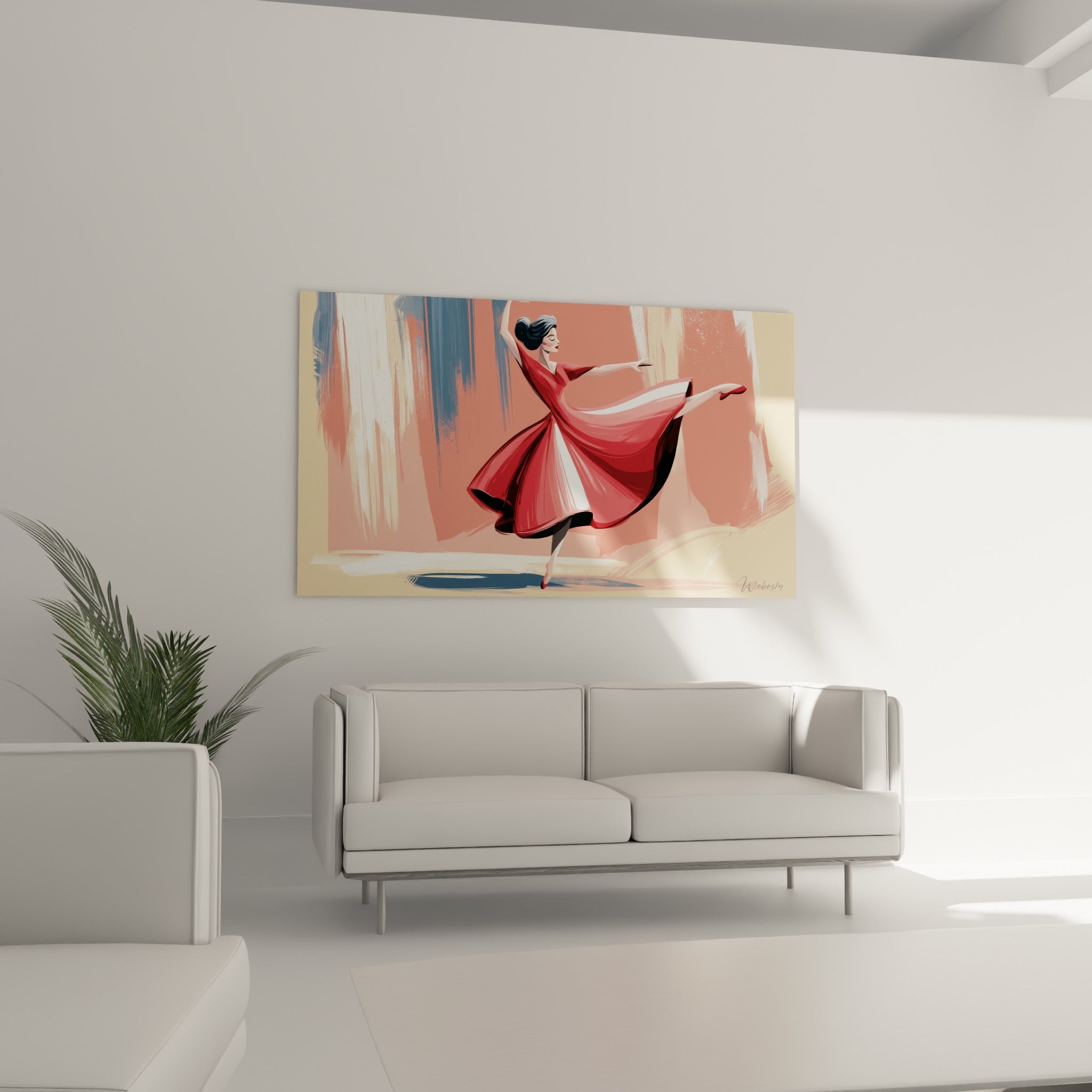 Silhouette en arabesque rouge et beige, tableau danseuse abstrait au-dessus d'un canapé dans un salon lumineux