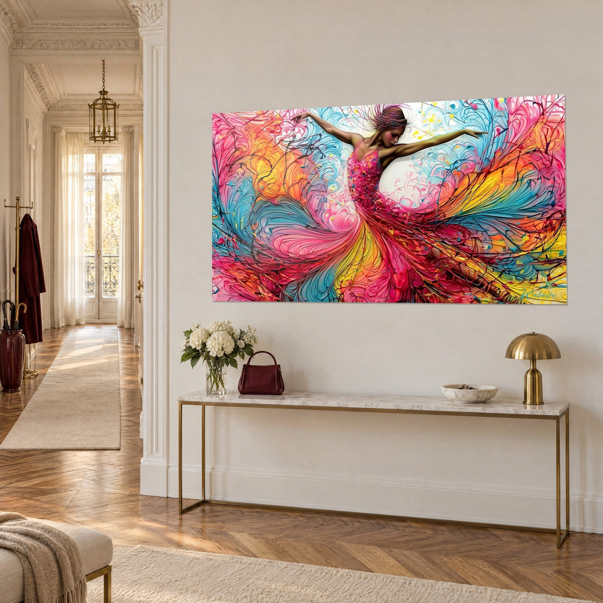 Tableau ballerine en tournoyant, jupe fuchsia striée de jaune soleil et d'orange, vue de trois-quarts, console dorée haussmannienne