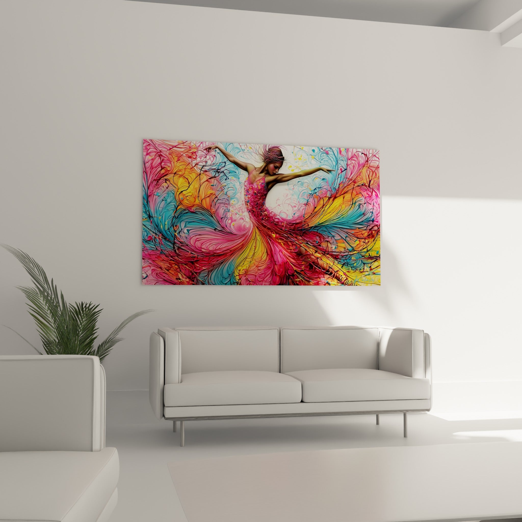 Figure féminine en plein élan, robe bleu turquoise et rose vif, au-dessus d'un canapé dans un salon lumineux