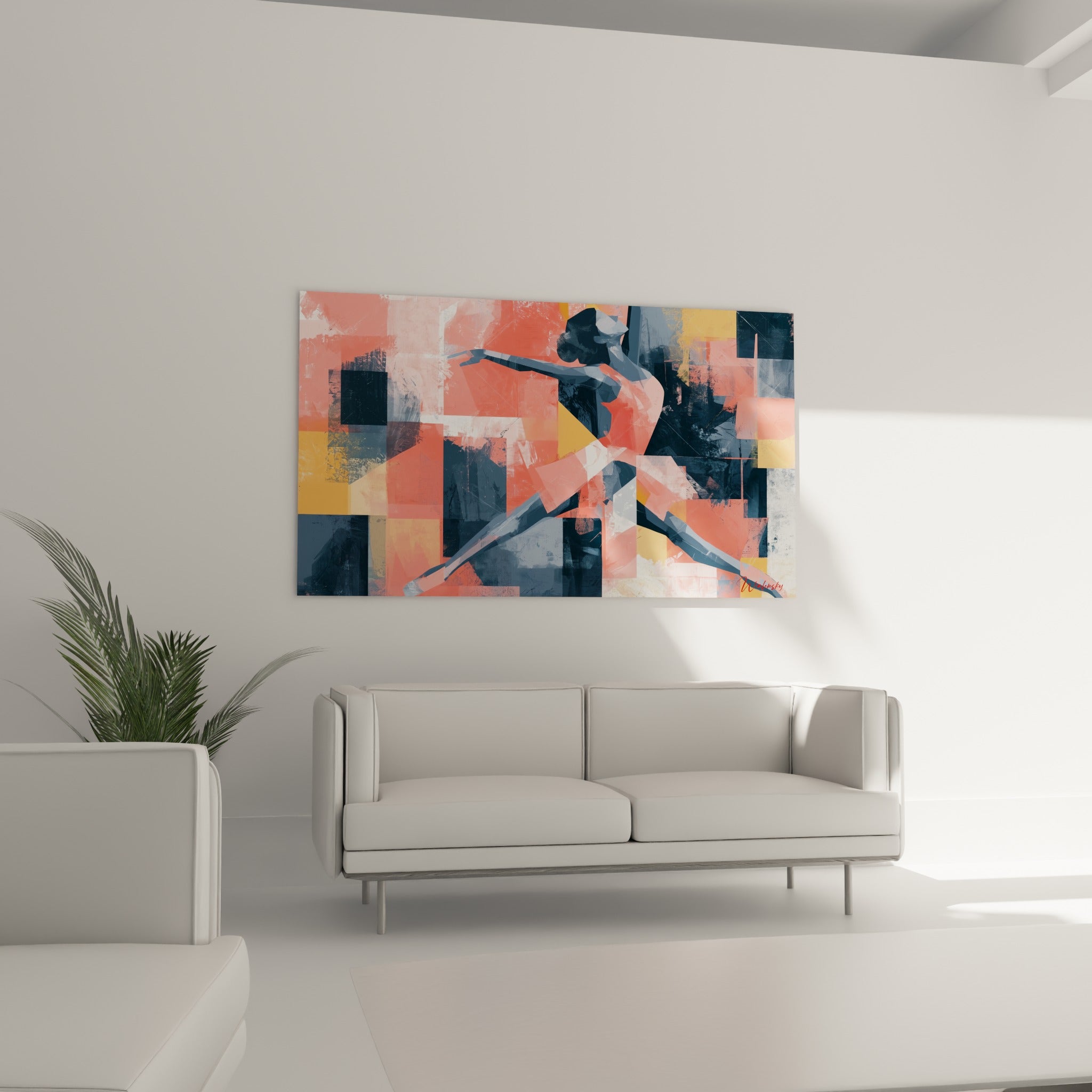 Arabesque graphique aux teintes corail et ocre d'une danseuse abstraite, au-dessus d'un canapé dans un salon lumineux