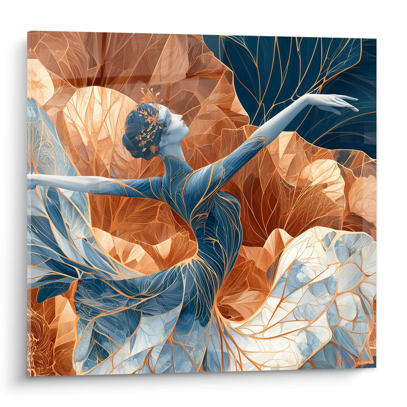 Tableau Danseuse bleu et cuivre aux nervures dorées - Coiffe florale fine - Edition Danseuse abstrait