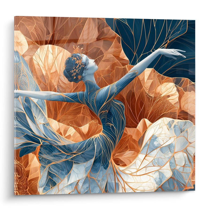 Tableau Danseuse bleu et cuivre aux nervures dorées - Coiffe florale fine - Edition Danseuse abstrait