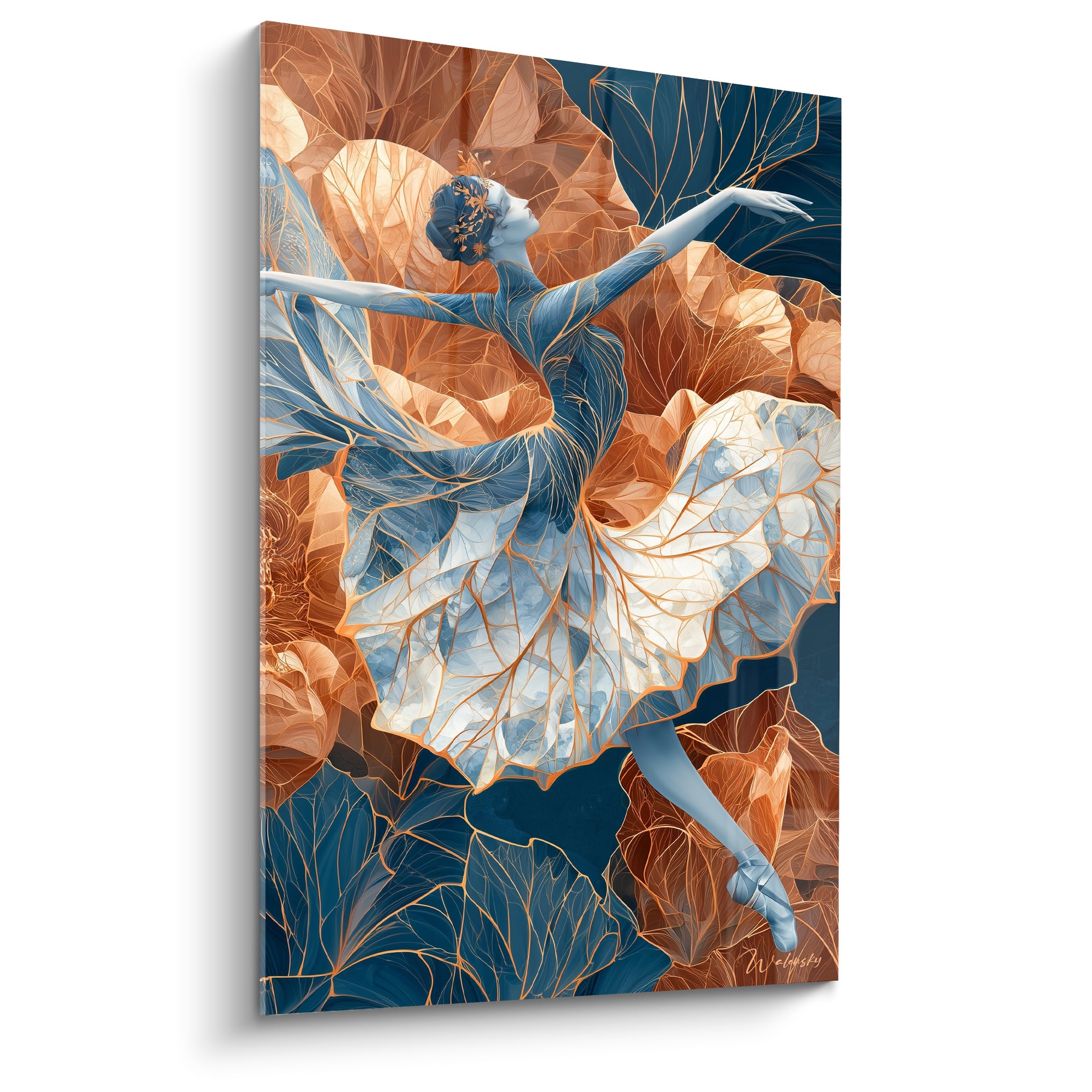 Danseuse abstraite en tutu bleu marine et cuivre, bras levés, saut figuré sur fond floral doré