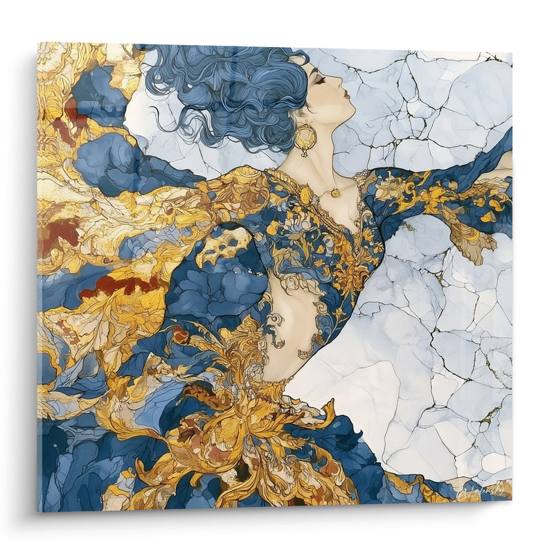 Tableau Danseuse aux voiles bleus et dorés - Envol céleste - Edition Danseuse abstrait