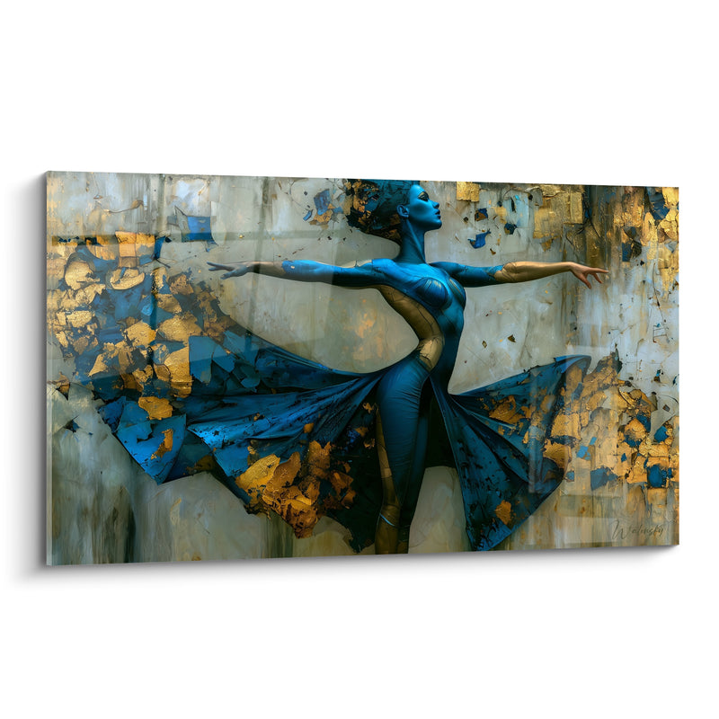 Tableau Danseuse peau bleue et dorée aux ailes déployées - Bras écartés horizontaux - Edition Danseuse abstrait
