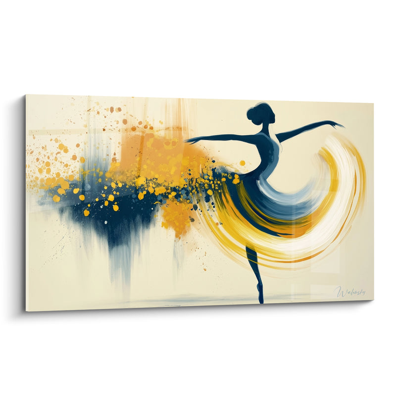 Tableau Danseuse silhouette bleu marine et jaune moutarde jupe tourbillonnante - Éclaboussures dorées en arrière-plan - Edition Danseuse abstrait