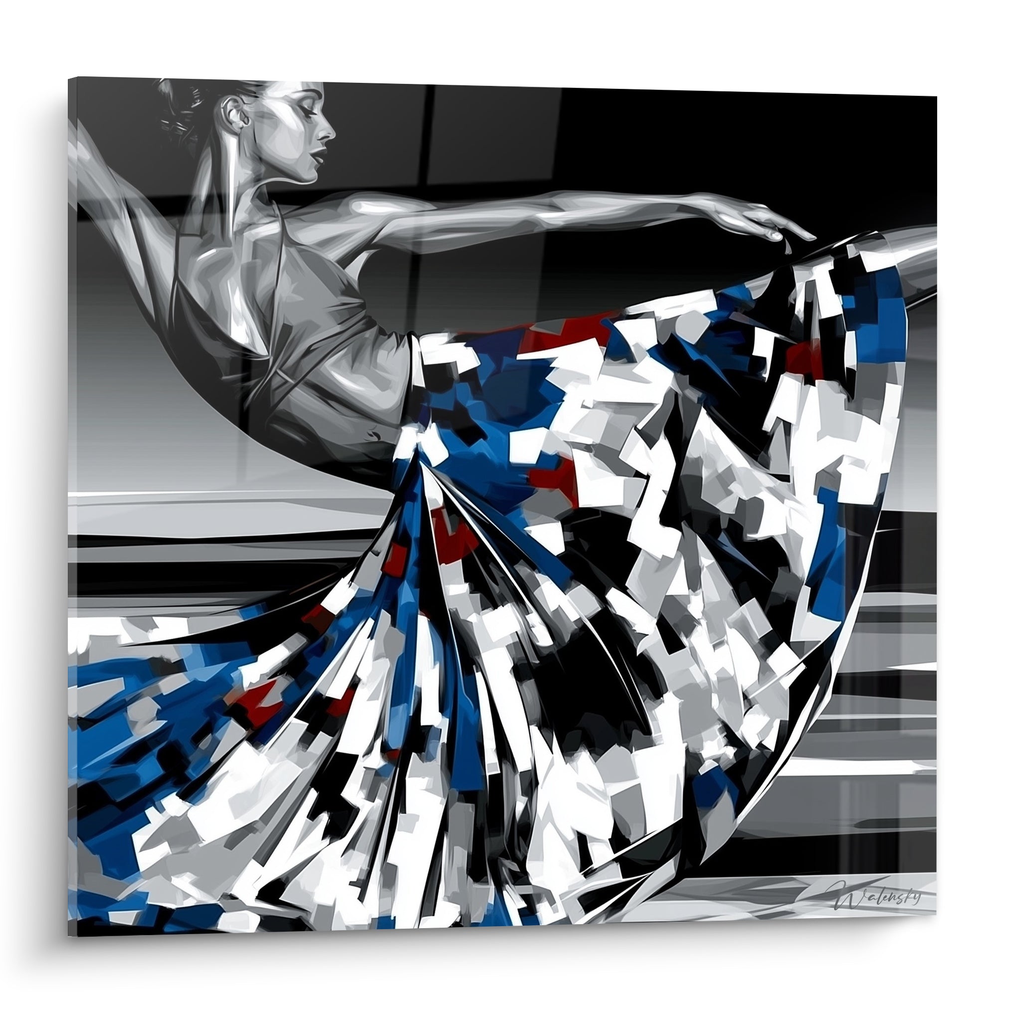 Danseuse abstraite cambrée en gris anthracite et jupe fragmentée bleu marine et rouge
