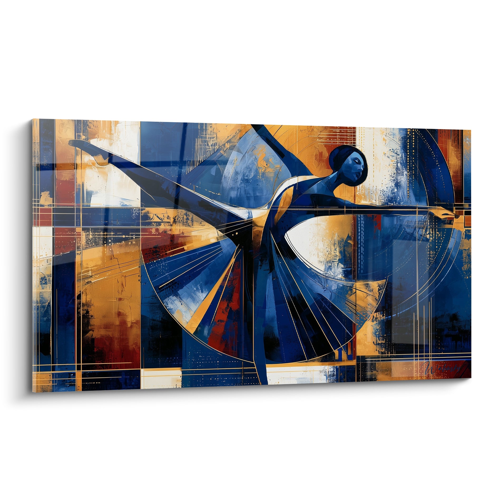 Danseuse abstraite en grand écart, silhouette bleu marine sur fond géométrique ocre et rouge brique
