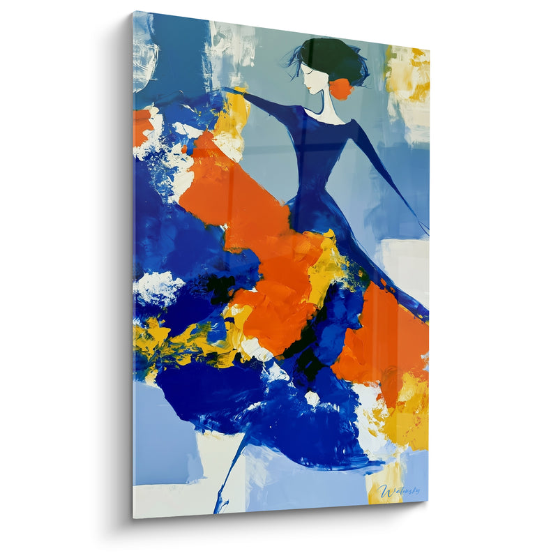 Tableau Danseuse robe bleue et orange aux éclats jaunes - Fleur rouge à l'oreille - Edition Danseuse abstrait