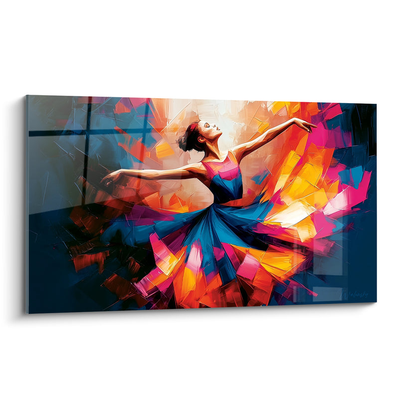 Tableau Danseuse robe bleue et orange en éclats de vitrail - Visage renversé tête levée - Edition Danseuse abstrait