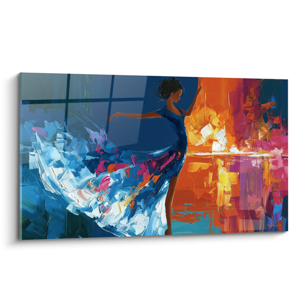 Painting Dancer blue and orange flamboyant dress - Border of elements - Dancer abstract edition