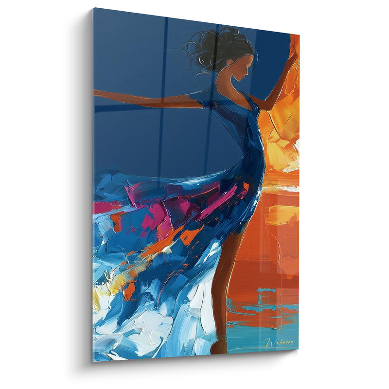 Tableau Danseuse robe bleu marine et orange incandescente - Cheveux dénoués au vent - Edition Danseuse abstrait