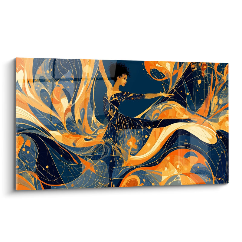 Tableau Danseuse aux volutes bleu marine et orange - Tourbillon en mouvement - Edition Danseuse abstrait