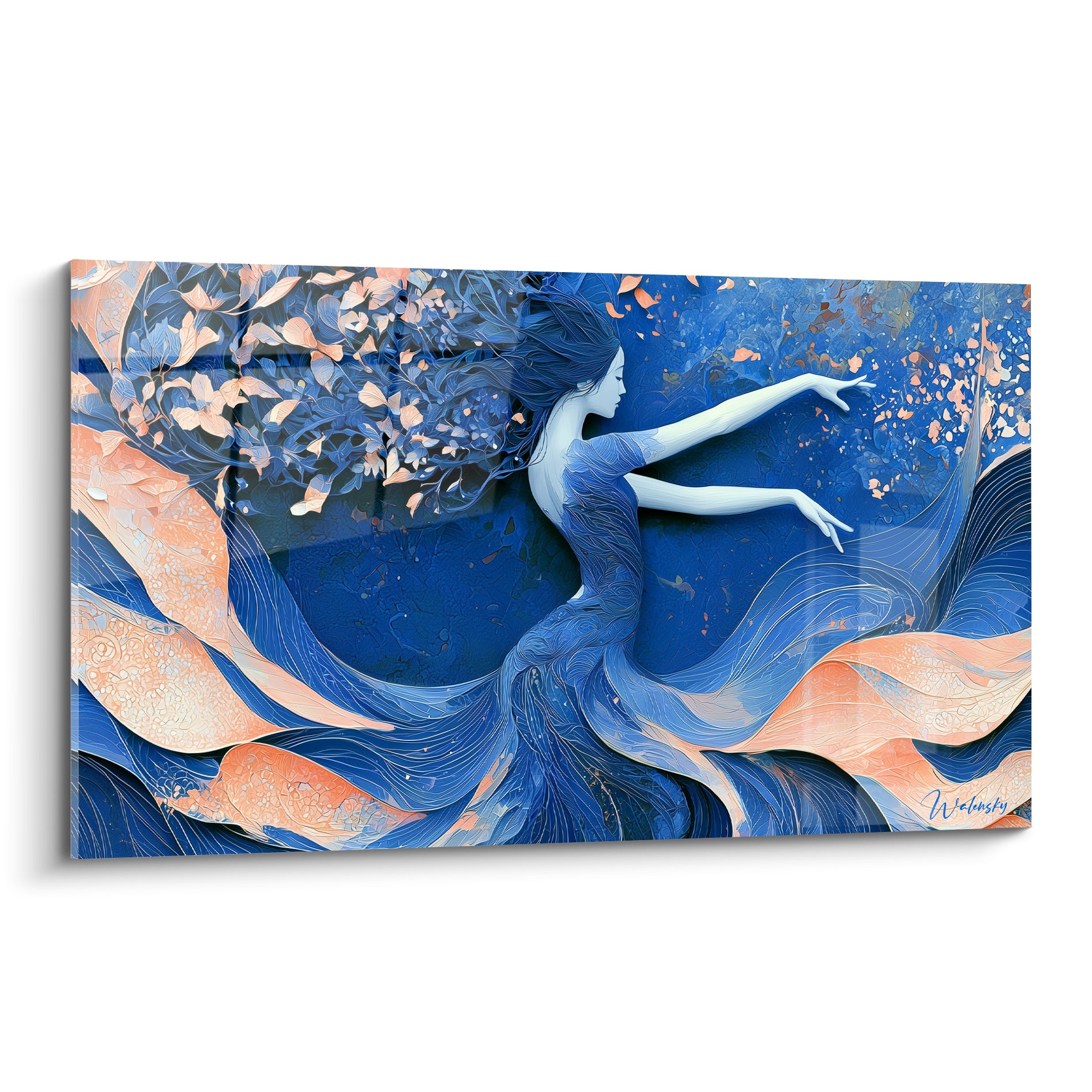 Danseuse abstraite en robe bleu marine et pêche, mouvement fluide sur fond graphique dense