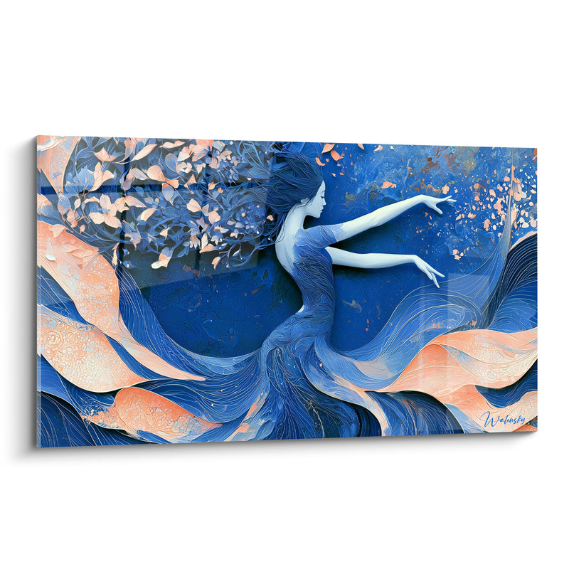 Tableau Danseuse robe bleue et pêche envolée - Envolée gracieuse - Edition Danseuse abstrait