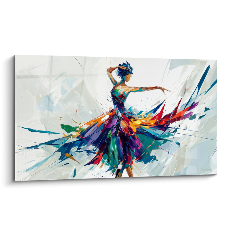 Tableau Danseuse robe bleue et pourpre aux esquilles multicolores - Fond vitré fragmenté - Edition Danseuse abstrait