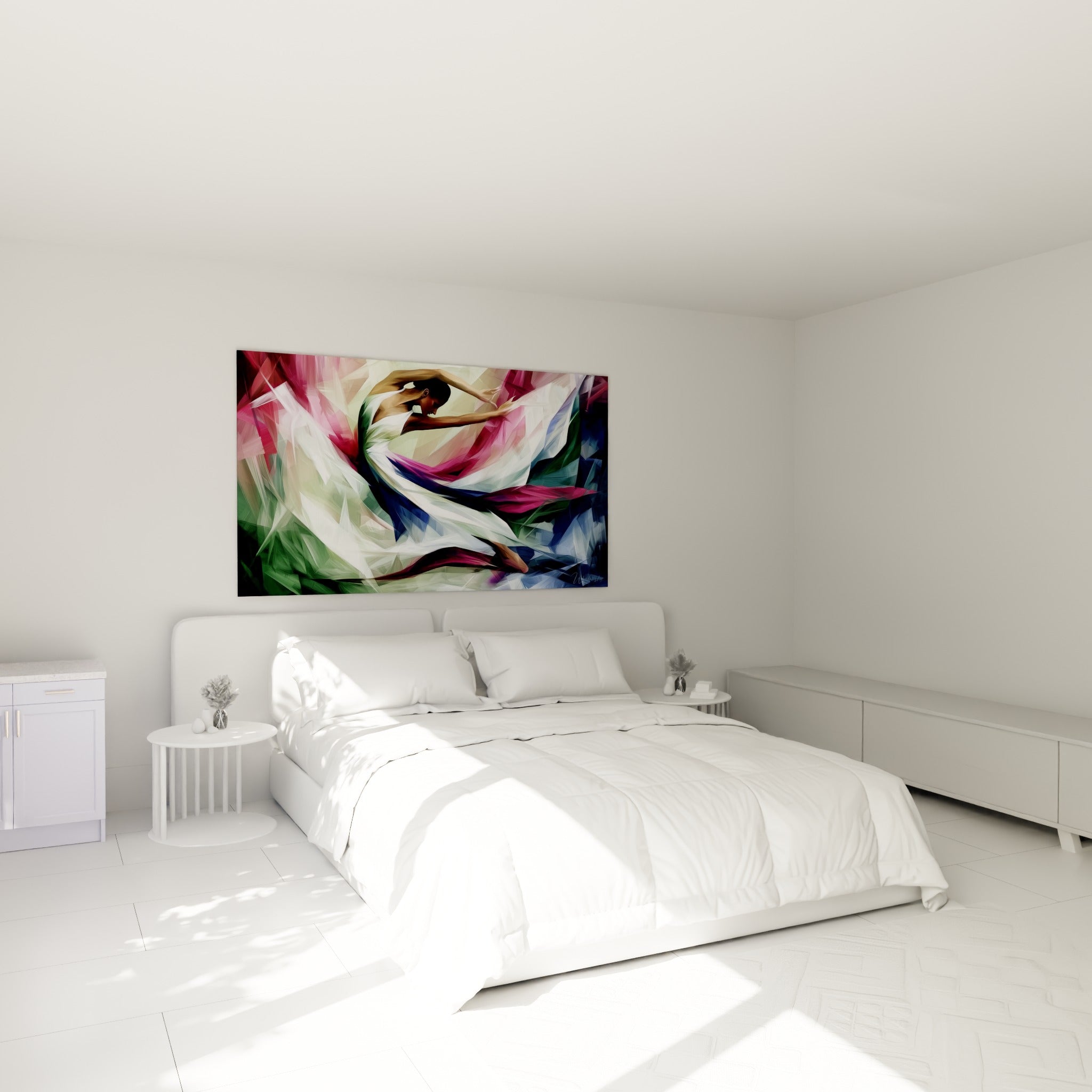 Corps en plein saut, drapé blanc et bleu marine, accroché au-dessus d'un lit dans une chambre claire