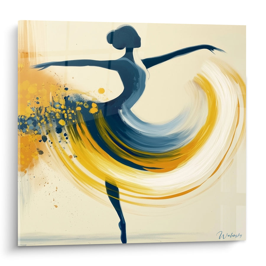 Tableau Danseuse silhouette bleu marine et jaune spirale ample - Éclaboussures dorées au sol - Edition Danseuse abstrait