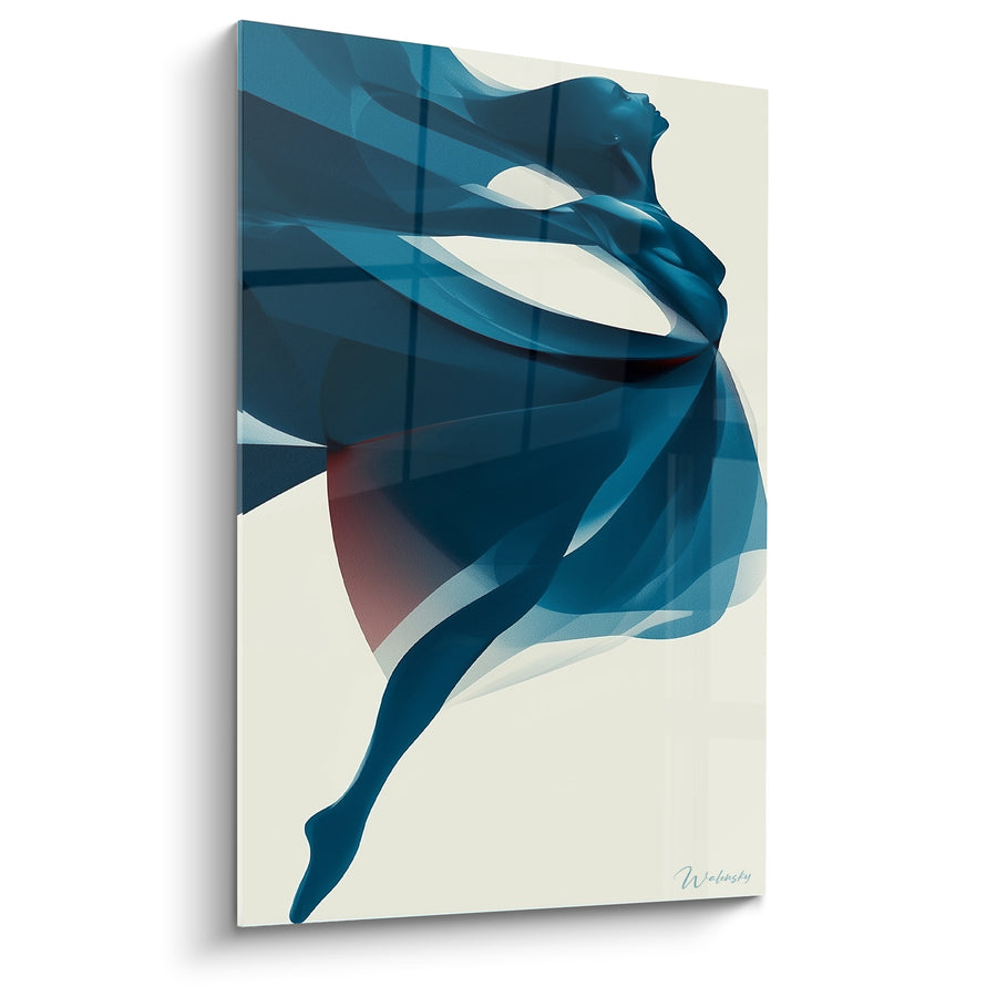 Tableau Danseuse bleu pétrole et ivoire voile translucide - Touche rouge cachée - Edition Danseuse abstrait