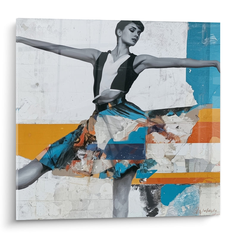 Tableau Danseuse grise aux bandes bleu et orange - Envol suspendu - Edition Danseuse abstrait