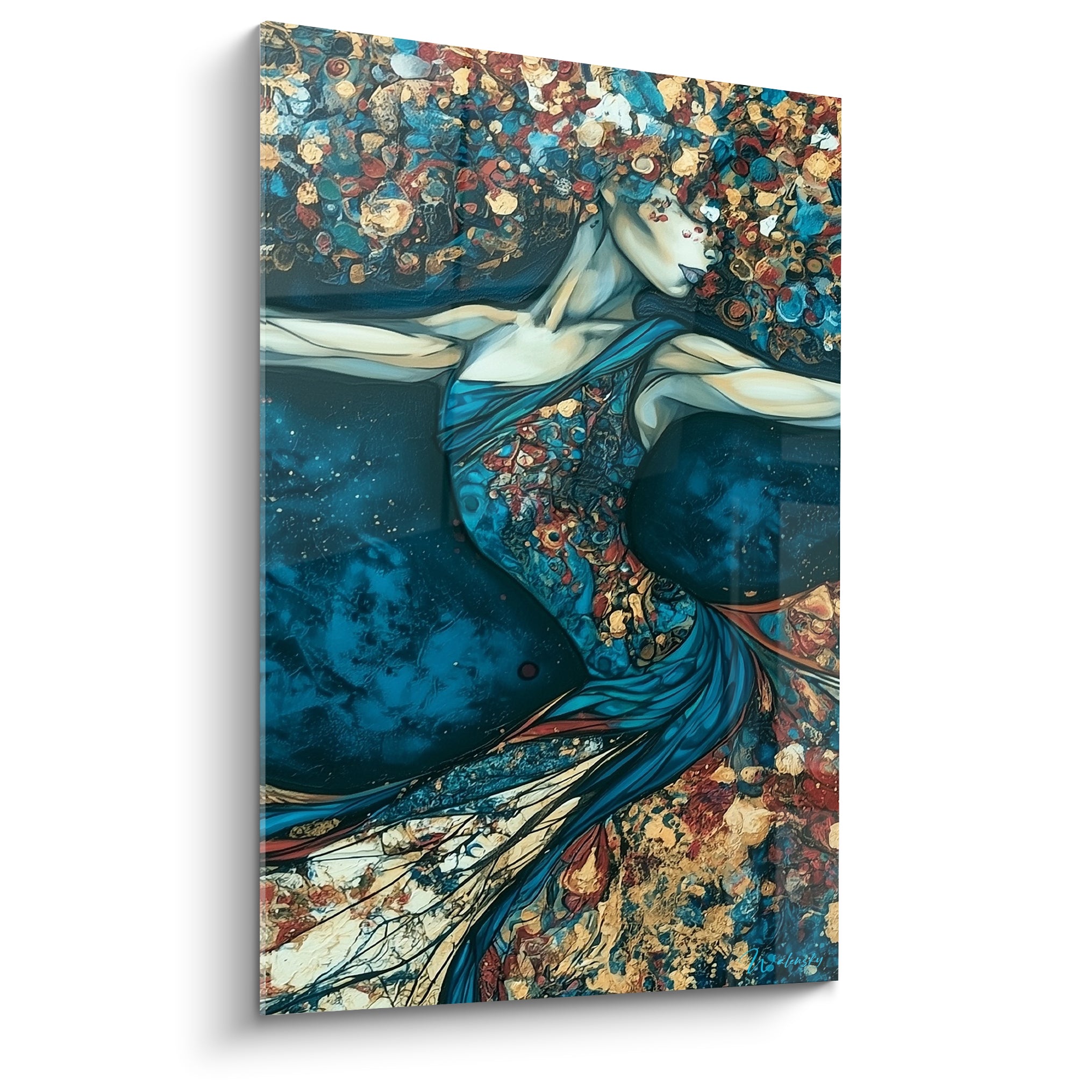 Danseuse abstrait cambrée en bleu pétrole et doré, corps lisse sur fond mouchete terracotta