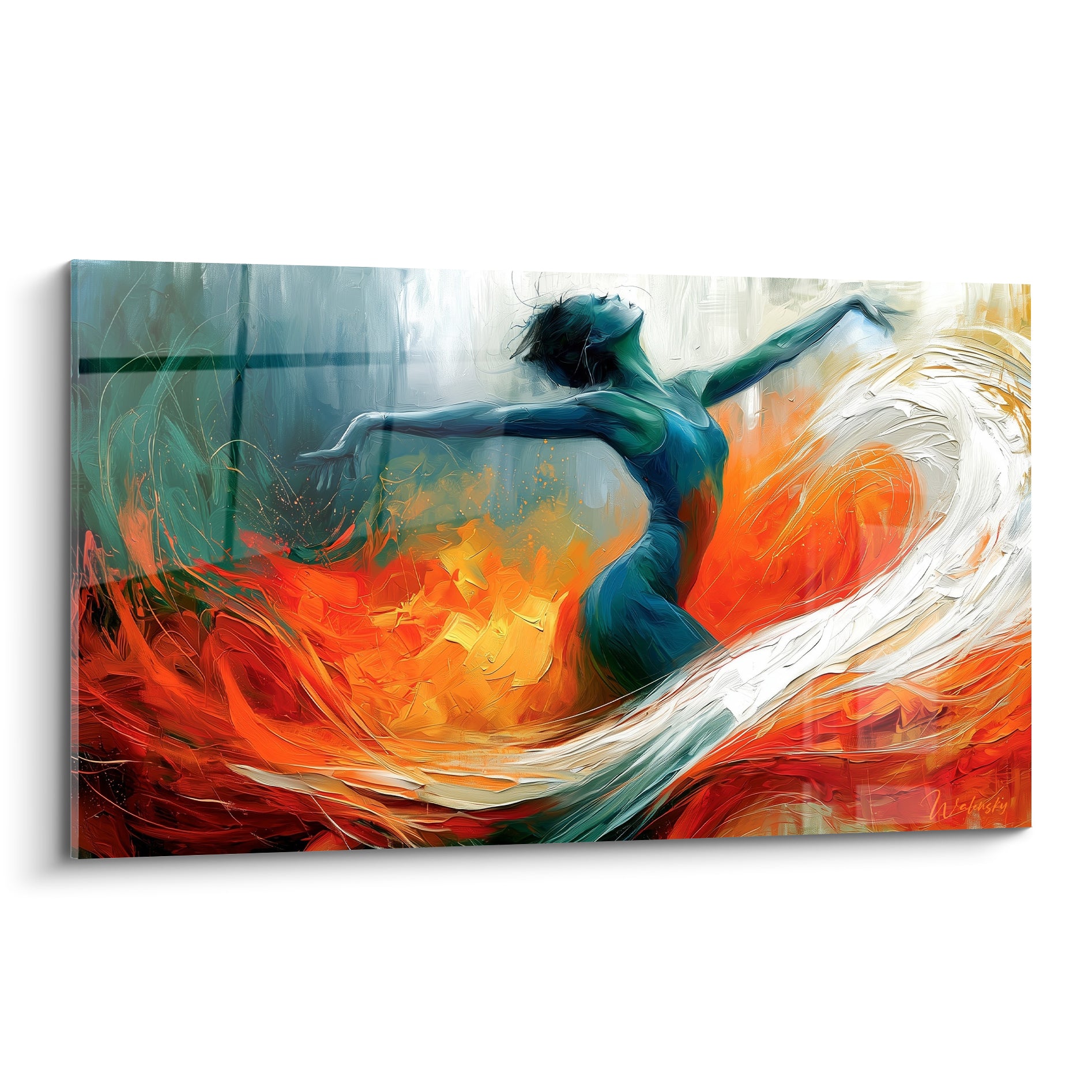 Danseuse abstrait bleu pétrole cambrée dans des flammes orange et une vague blanche