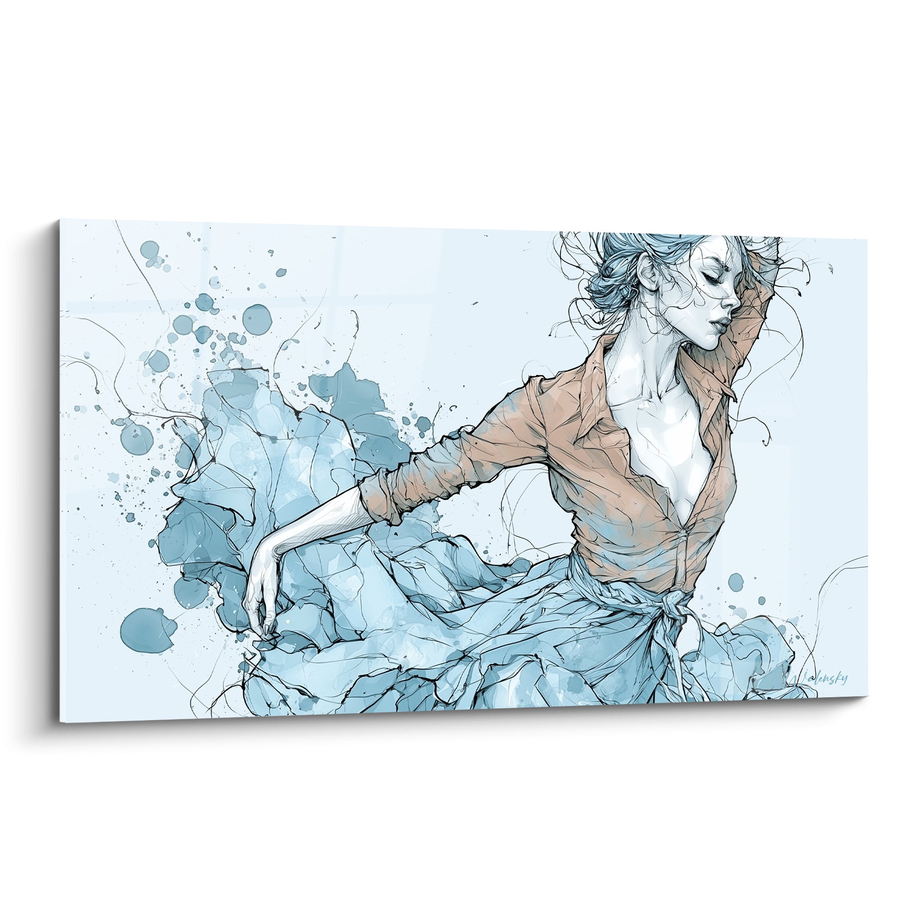 Danseuse abstraite bleu poudré et terracotta, bras tendu, jupe en éclaboussures aquarelle