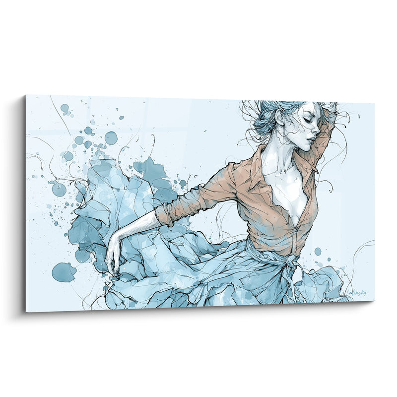 Tableau Danseuse robe bleue et corail jupe froissée - Éclaboussures d'aquarelle au sol - Edition Danseuse abstrait