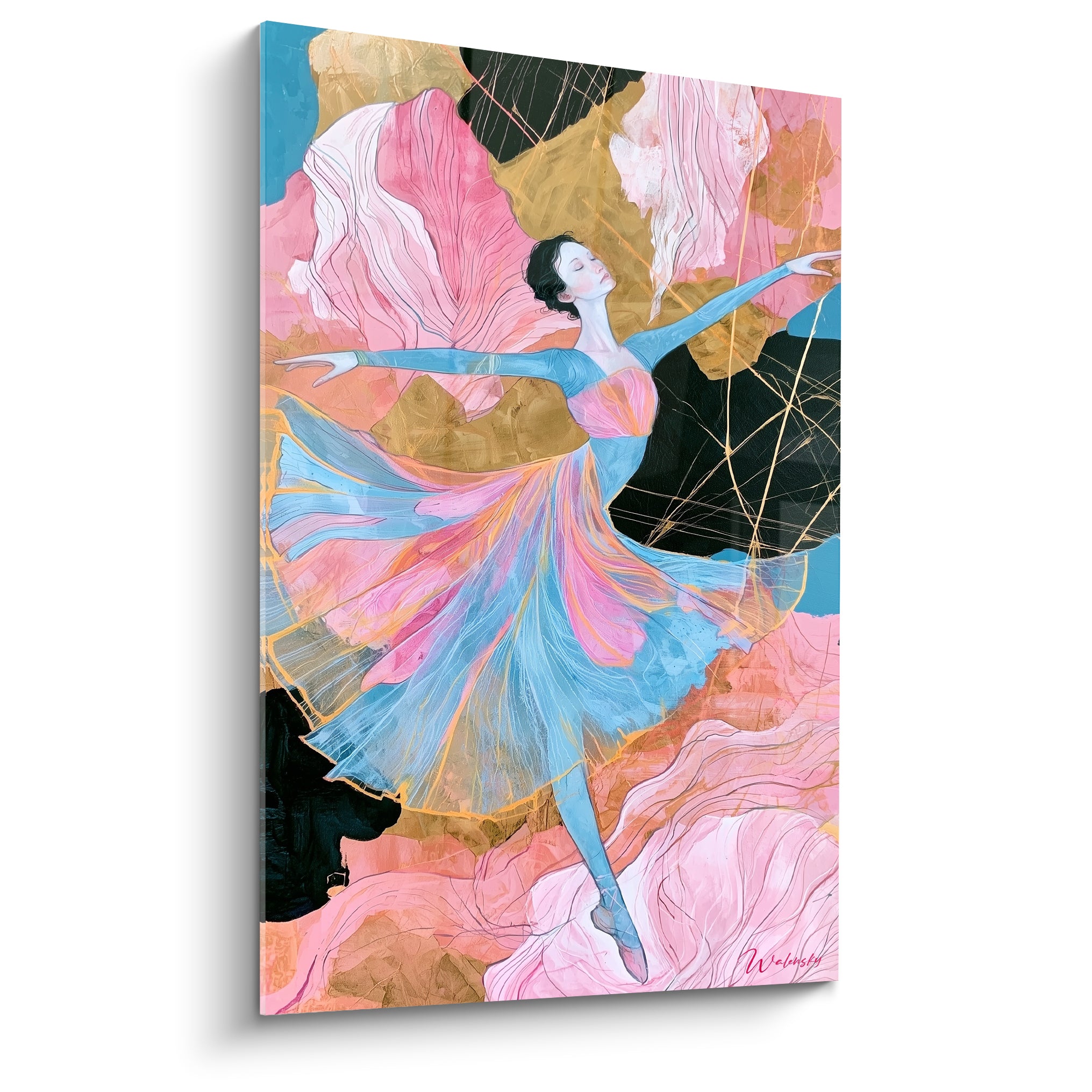 Danseuse abstraite en robe bleu turquoise et rose, jupe déployée, fond doré et noir fragmenté