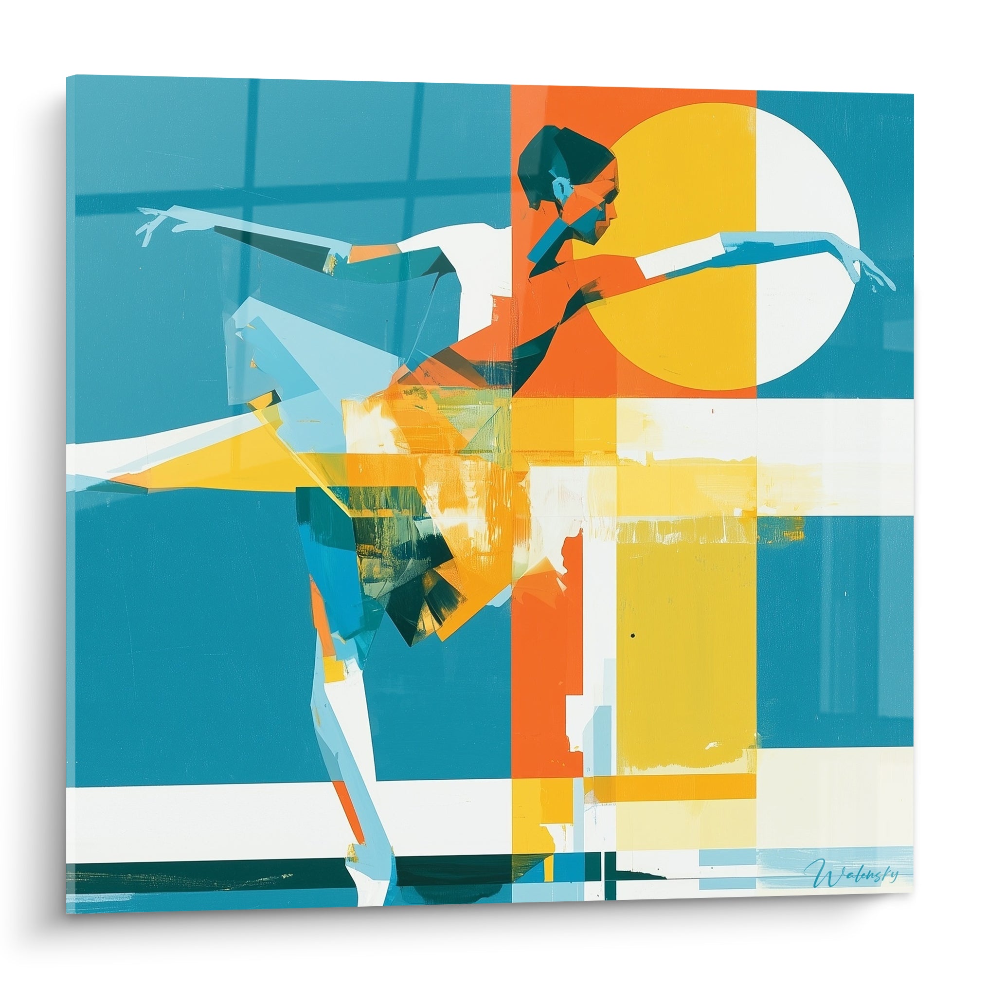 Danseuse abstraite en arabesque, bleu sarcelle et orange, découpe géométrique cubiste